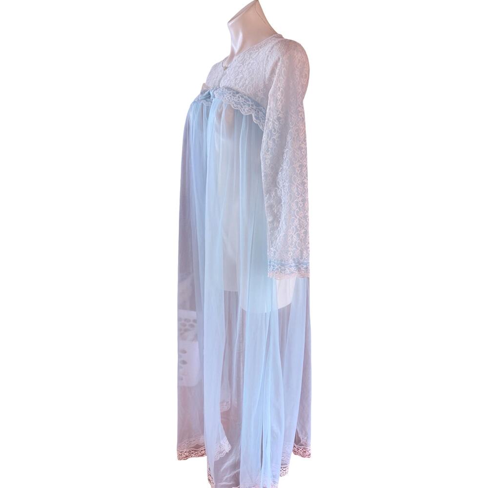 Vintage Miss Elaine 1960s Baby Blue Chiffon Peignoir Robe Lace Sleeves Medium - Picture 7 of 12